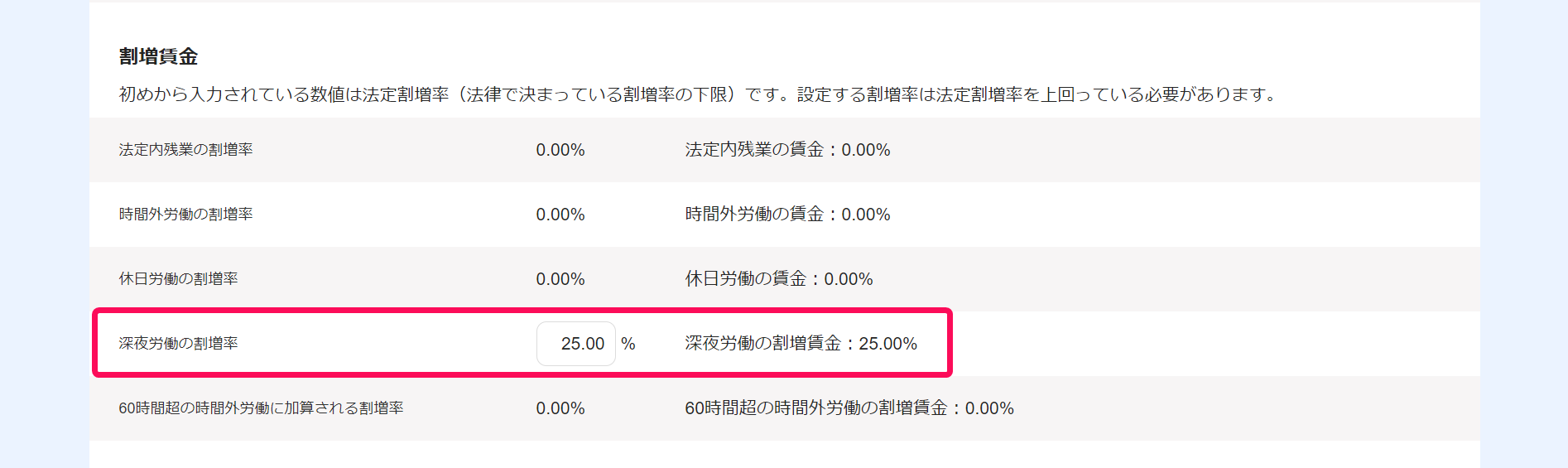 勤務・賃金設定画面の「割増賃金」部分の「深夜労働の割増率」を指し示しているスクリーンショット