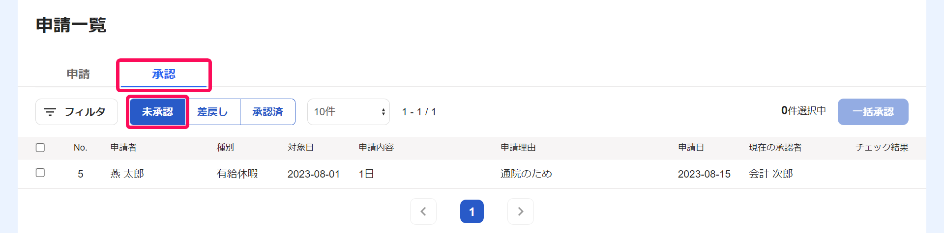 申請一覧画面で［承認］タブ［未承認］ボタンを指し示しているスクリーンショット