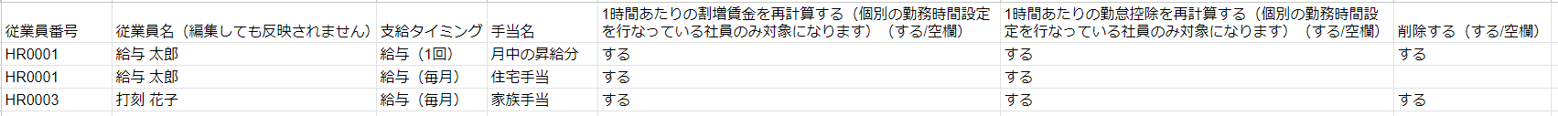CSV編集画面のスクリーンショット