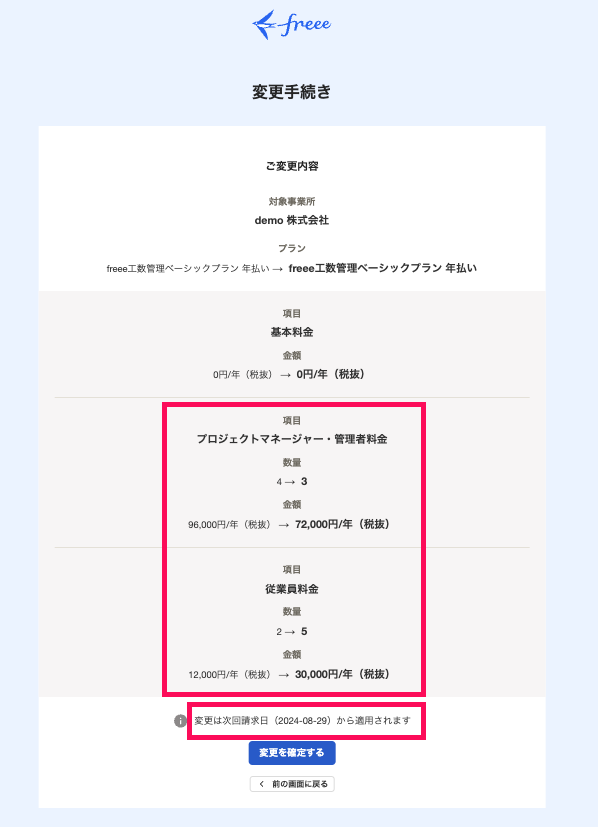 変更手続き画面のスクリーンショット