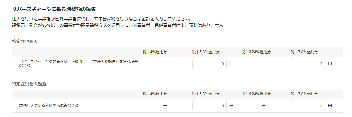 リバースチャージに係る調整額の編集画面のスクリーンショット