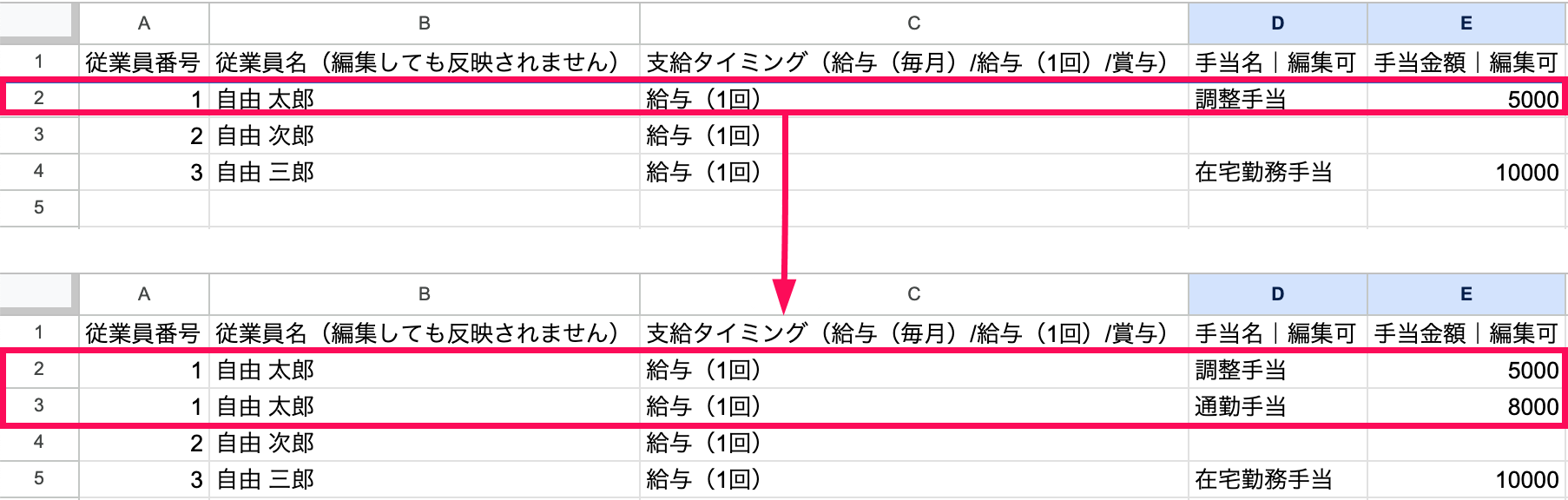 Excelデータで複数手当の入力方法を指し示すスクリーンショット
