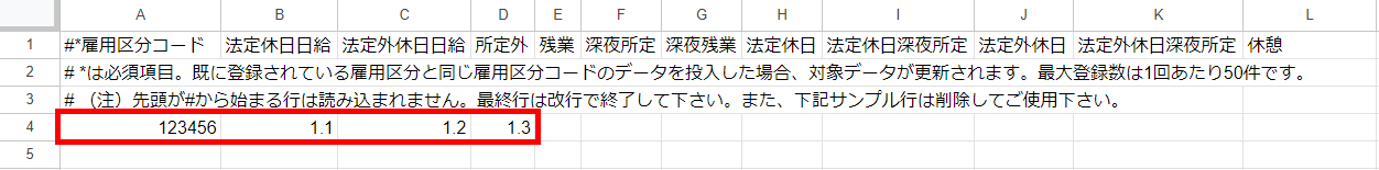 入力用テンプレートの入力例を指し示しているスクリーンショット