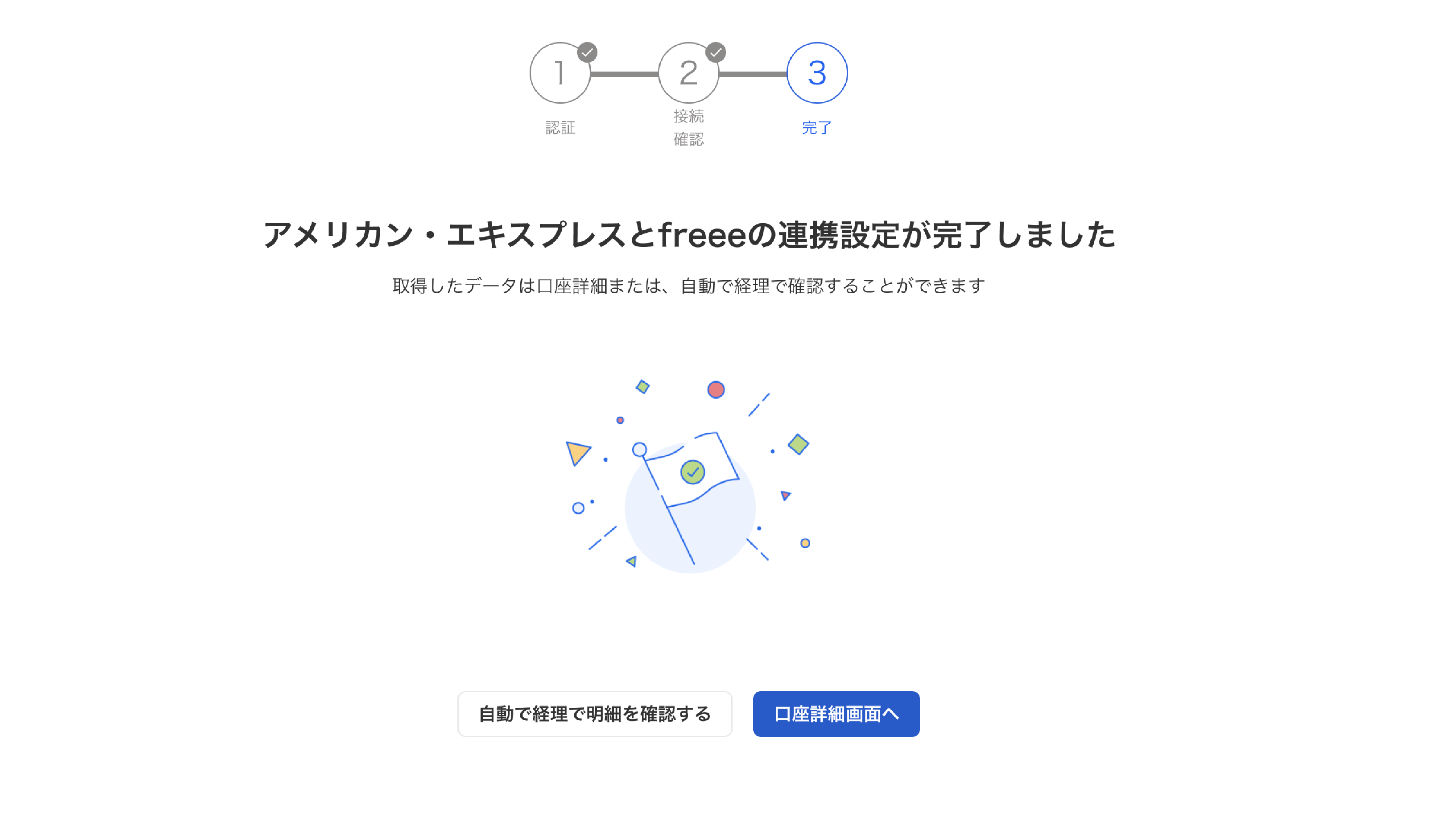 「アメリカン・エキスプレスとfreeeの連携設定が完了しました」文言が表示されている画面のスクリーンショット