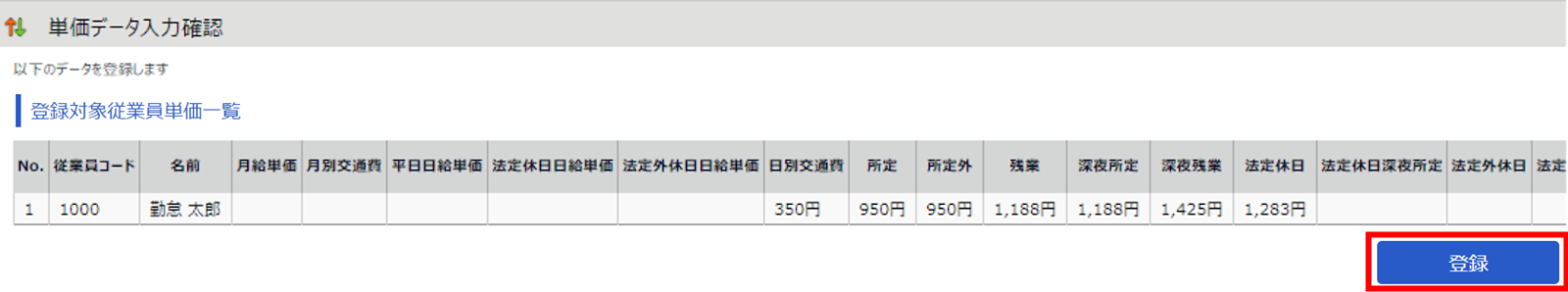 単価データ入力確認画面の［登録］を指し示しているスクリーンショット