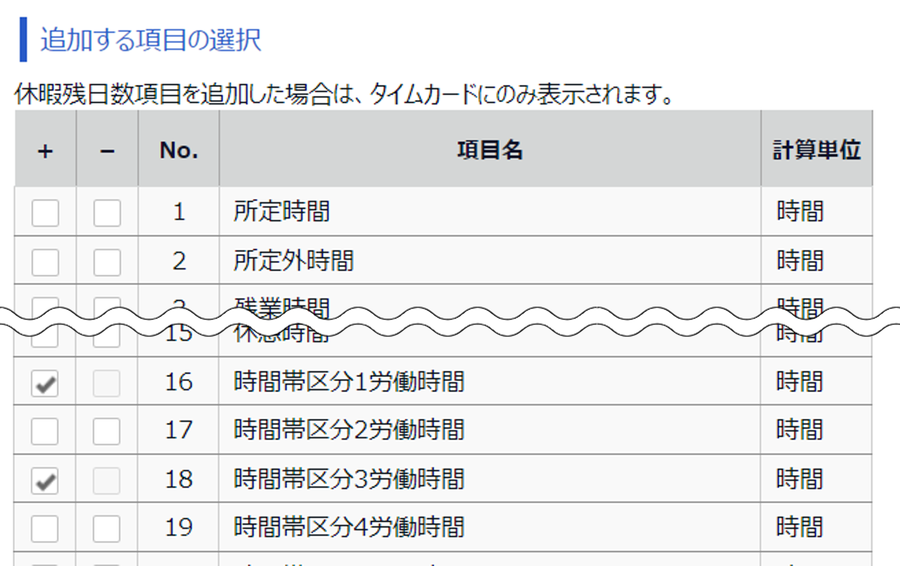 「追加する項目の選択」画面のスクリーンショット