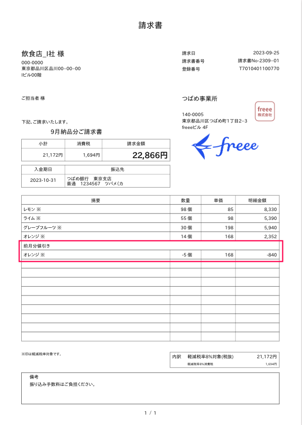 請求書の金額項目の「前月分値引き」行を指し示すスクリーンショット