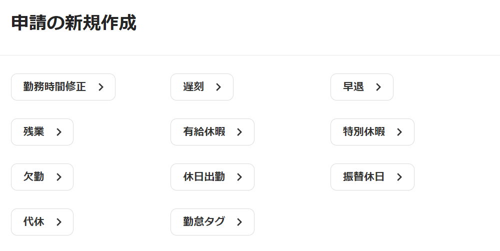 申請の新規作成画面のスクリーンショット