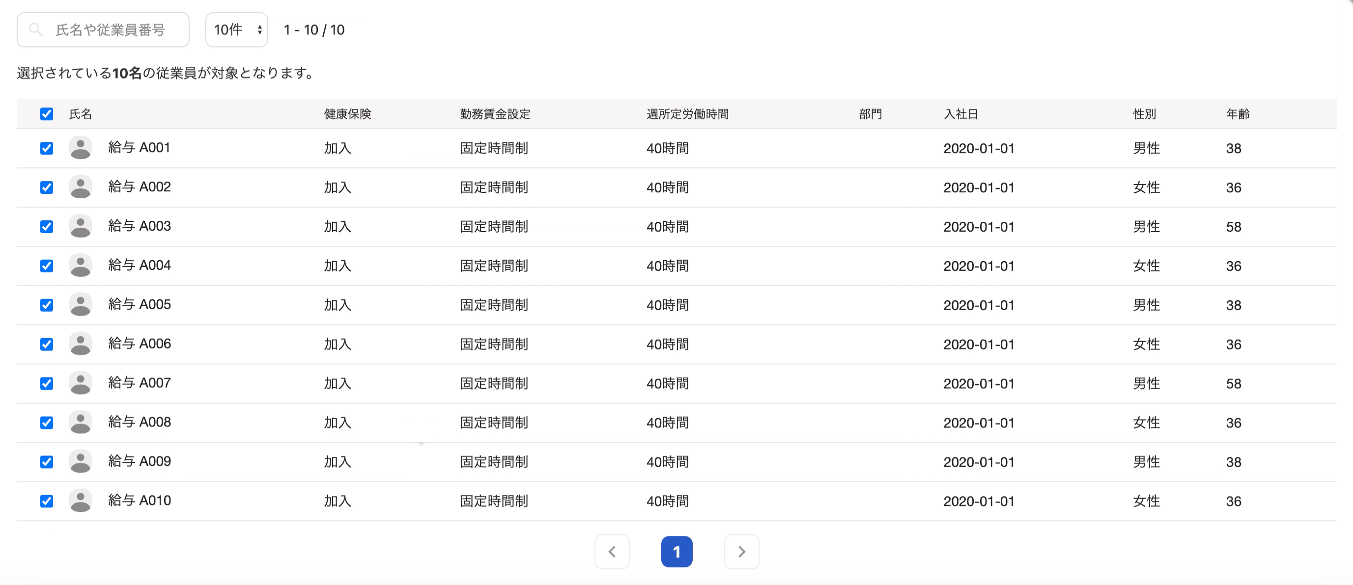 初期設定をしましょう画面の管理対象者一覧部分のスクリーンショット