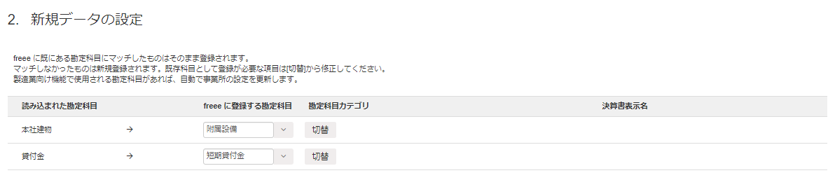 新規データの設定画面のスクリーンショット