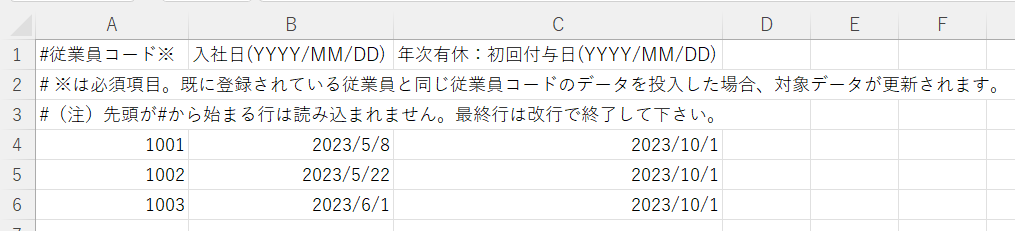 CSVデータの編集画面のスクリーンショット
