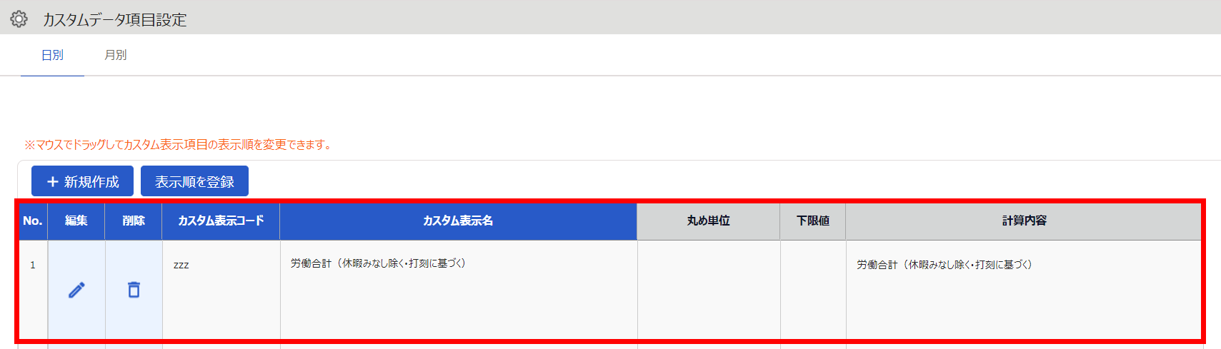 カスタムデータ項目設定画面の日別タブで「労働合計（休暇みなし除く・打刻に基づく）」のカスタムデータ項目を指し示しているスクリーンショット