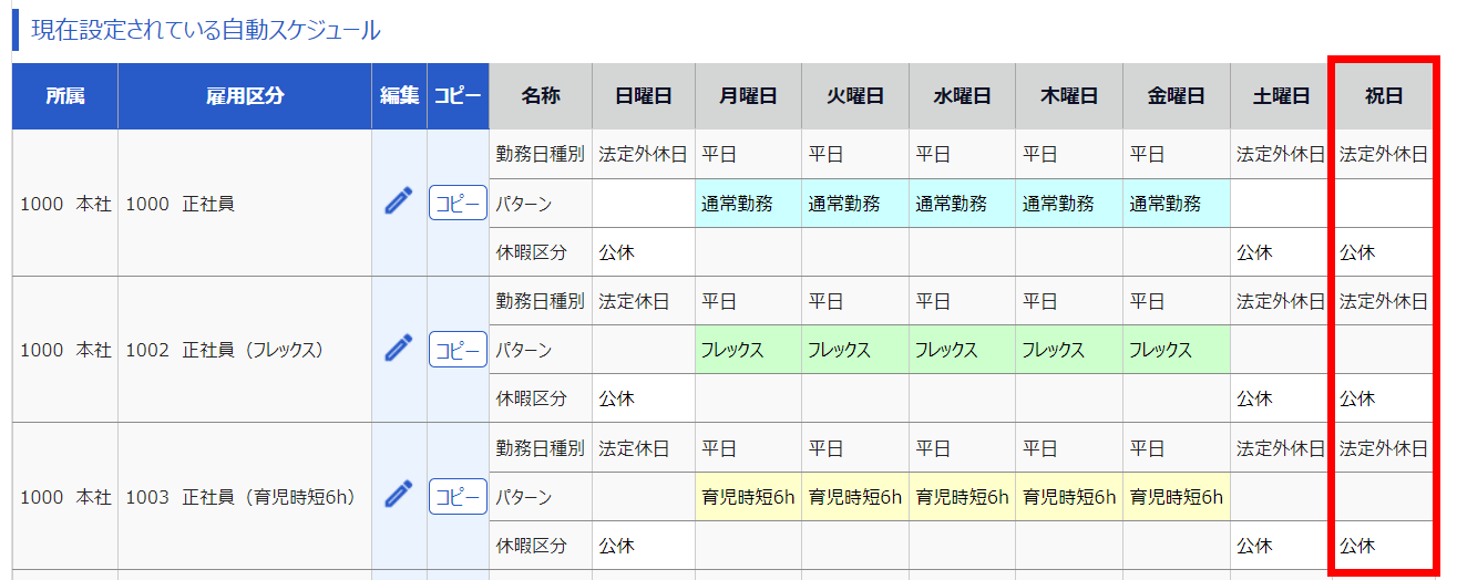 「現在設定されている自動スケジュール」で「祝日」部分を指し示しているスクリーンショット