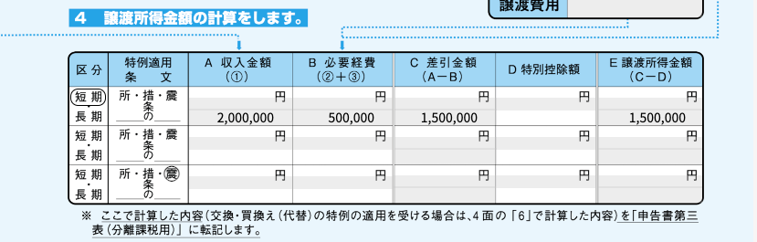 譲渡所得の内訳書で譲渡所得金額を記入する欄を指し示すスクリーンショット