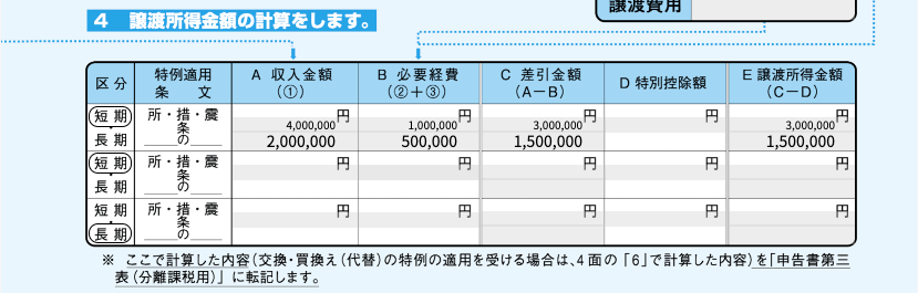 譲渡所得の内訳書で譲渡所得金額を記入する欄を指し示すスクリーンショット
