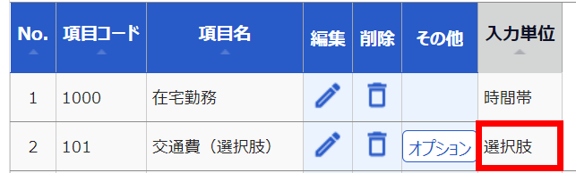 補助項目設定画面のスクリーンショット