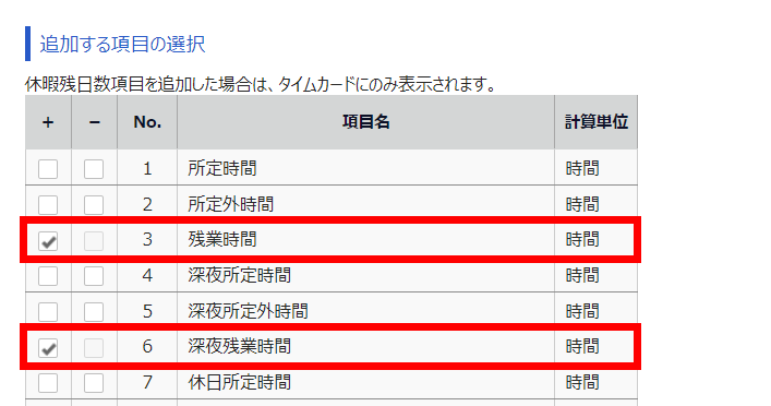「追加する項目の選択」で「残業時間」と「深夜残業時間」を選択しているスクリーンショット