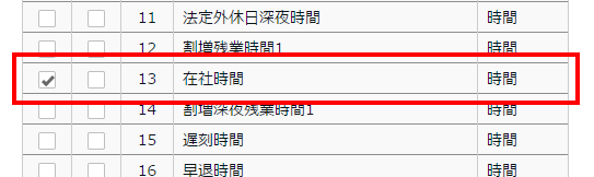 日別データ項目登録画面の「在社時間」を指し示しているスクリーンショット