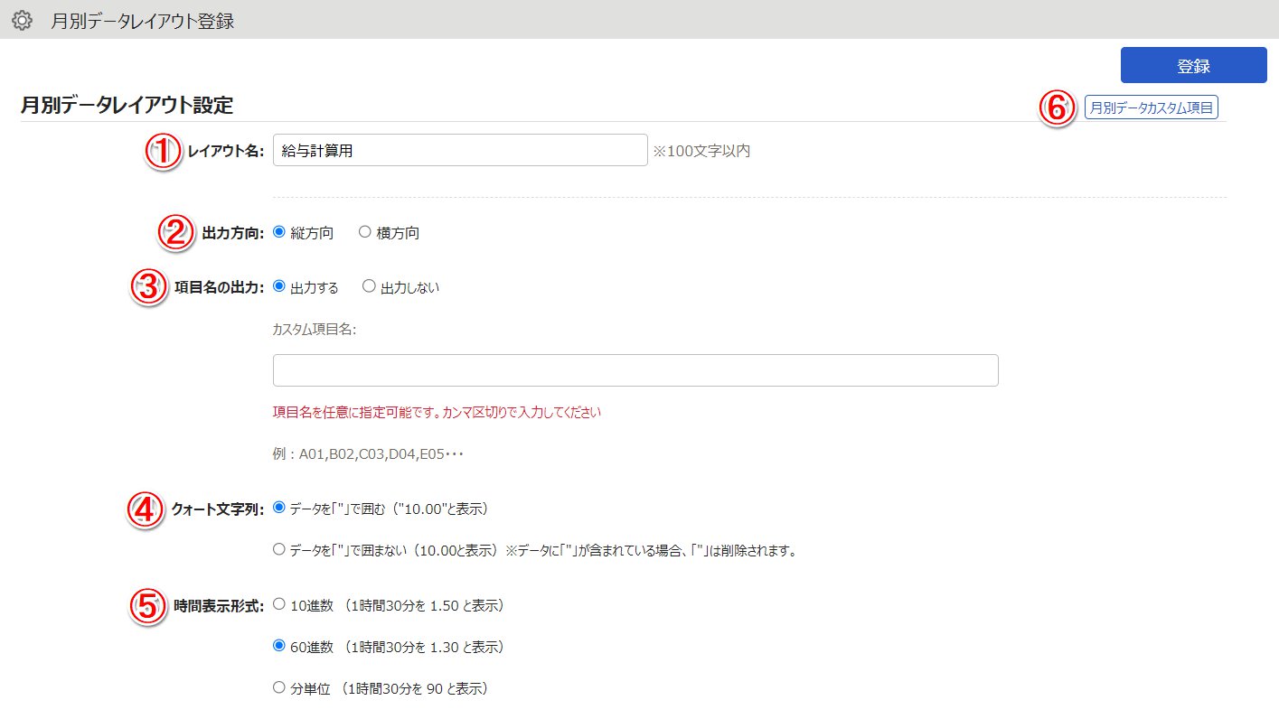月別データレイアウト登録画面のスクリーンショット