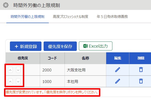 時間外労働の上限規制画面の優先度部分を指し示しているスクリーンショット