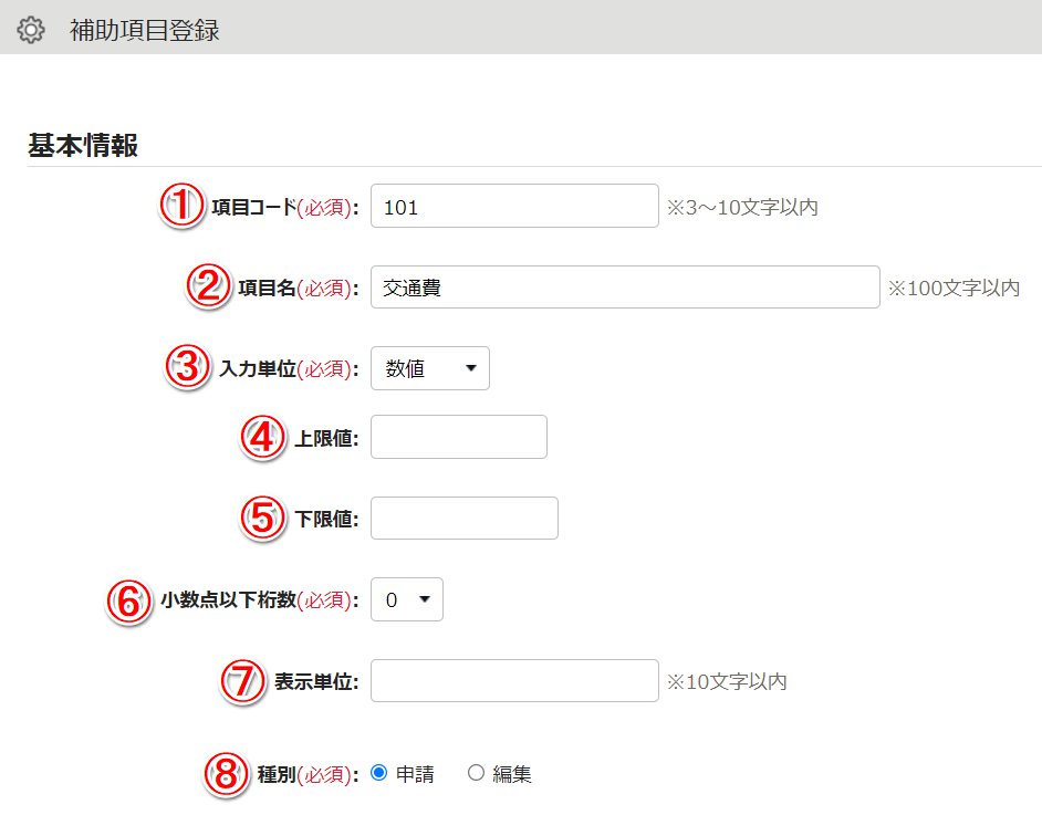 補助項目登録画面のスクリーンショット