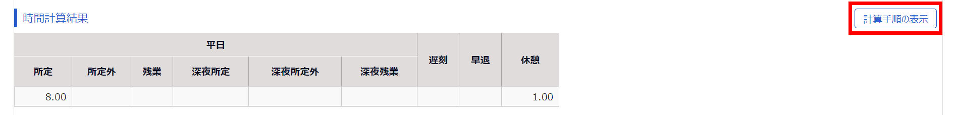 勤務データ編集画面で時間計算結果の［計算手順の表示］ボタンを指し示しているスクリーンショット