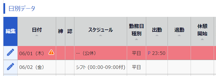 タイムカード画面のスクリーンショット