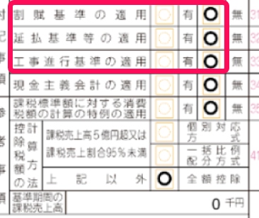 「第一表」の「付記事項」の割賦基準〜工事進行基準項目を指し示すスクリーンショット