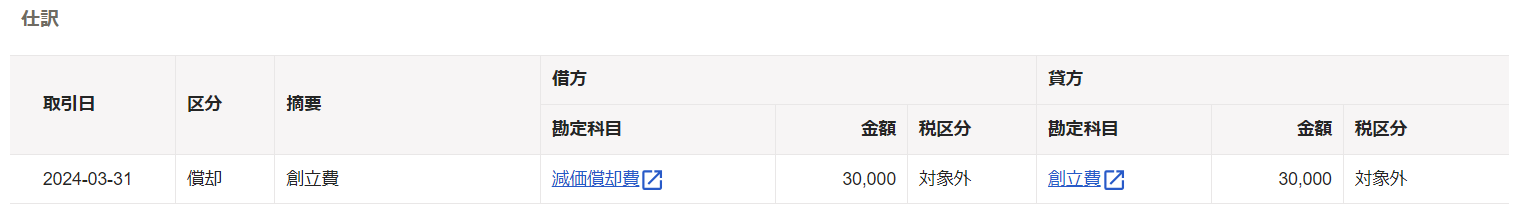 固定資産の詳細画面で仕訳を確認している画面のスクリーンショット