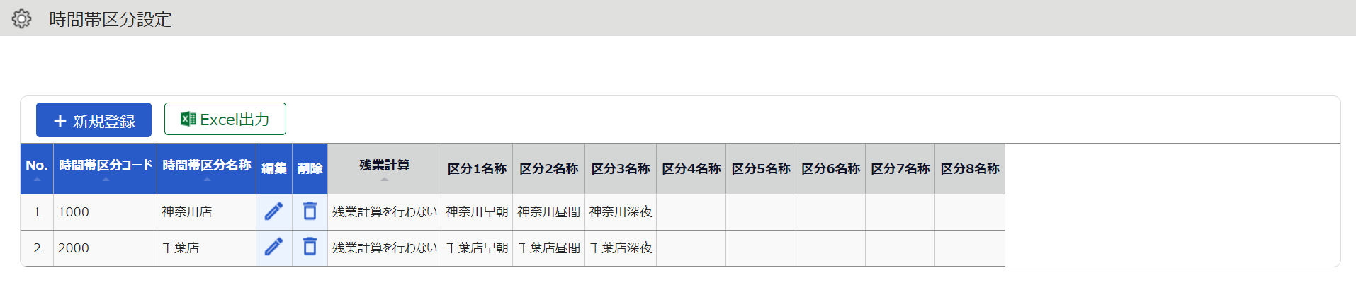 時間帯区分設定画面のスクリーンショット