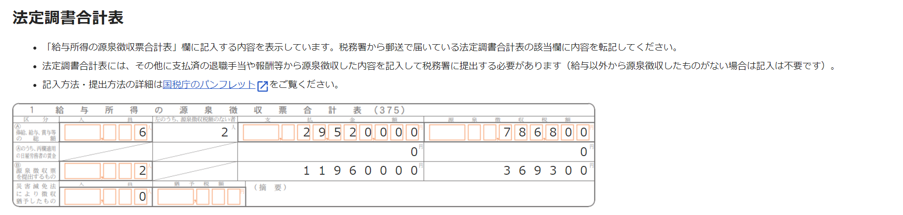 税務署に提出する書類画面の「法定調書合計表」部分のスクリーンショット
