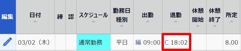 タイムカード画面の退勤打刻データを指し示しているスクリーンショット