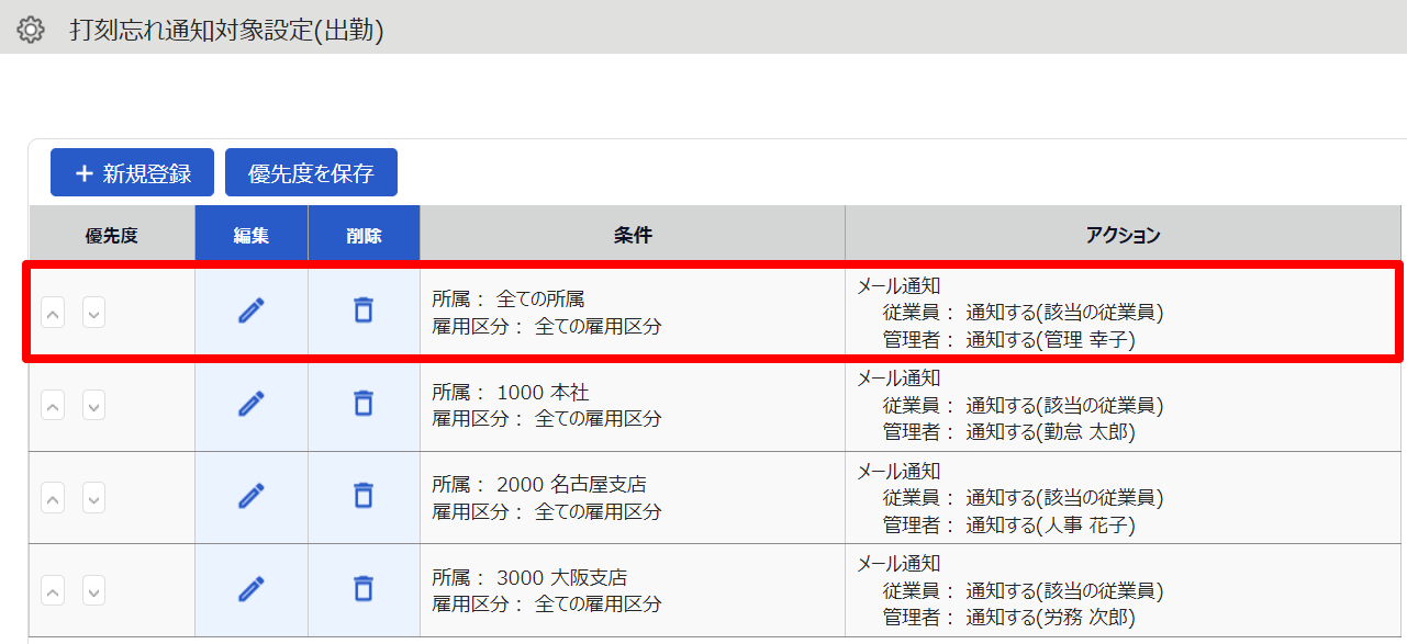 打刻忘れ通知対象設定(出勤)画面のスクリーンショット