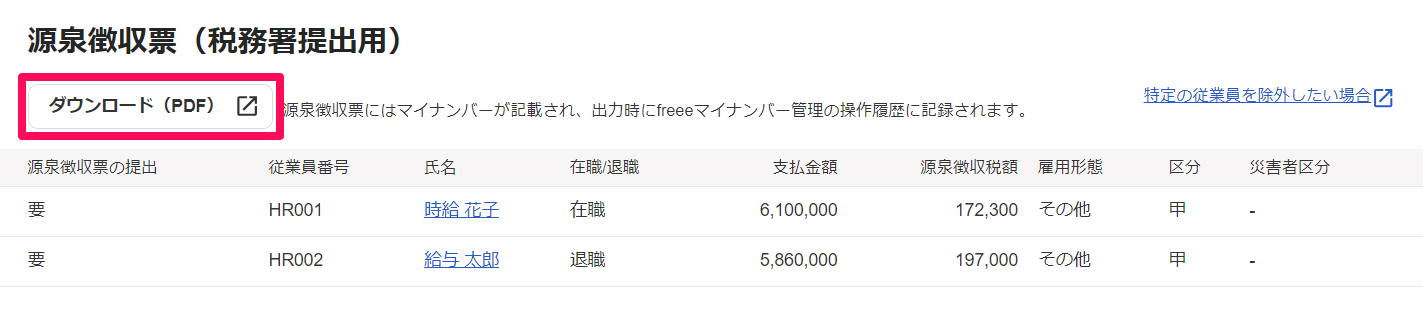 税務署に提出する書類画面の［ダウンロード（PDF）］ボタンを指し示しているスクリーンショット