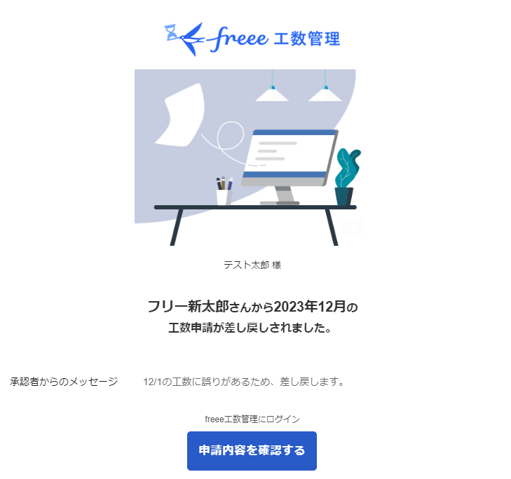 申請者に送信されるメールの画面のスクリーンショット