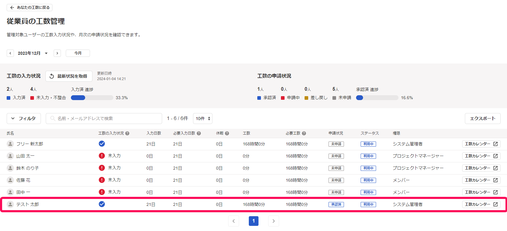 従業員の工数管理の一覧画面で承認する従業員欄を指し示しているスクリーンショット