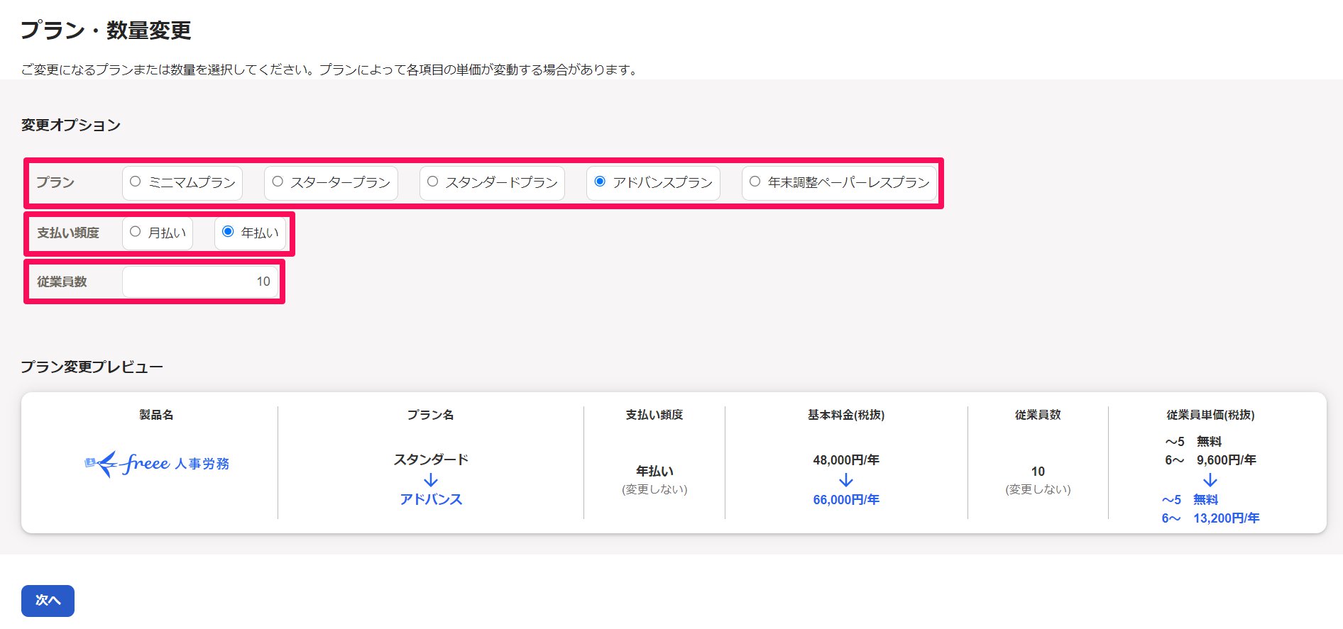 プラン・数量変更画面のスクリーンショット