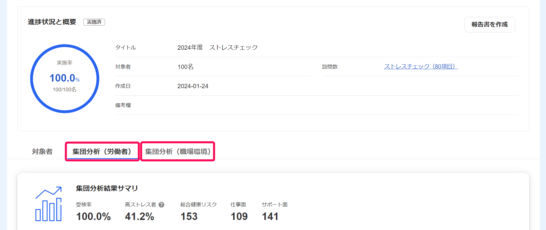 ストレスチェック画面で［集団分析（労働者）］タブと［集団分析（職場環境）］タブを指し示しているスクリーンショット