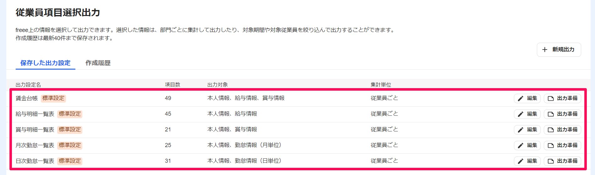 従業員項目選択出力設定画面のスクリーンショット
