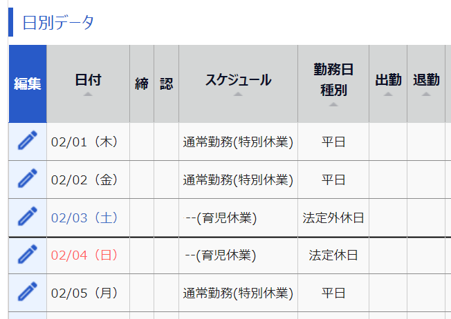 タイムカード画面のスクリーンショット