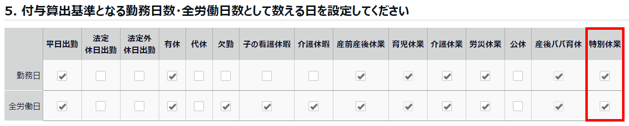 「付与算出基準となる勤務日数・全労働日数として数える日」内の「特別休業」の「勤務日」と「全労働日」にチェックが入っているスクリーンショット