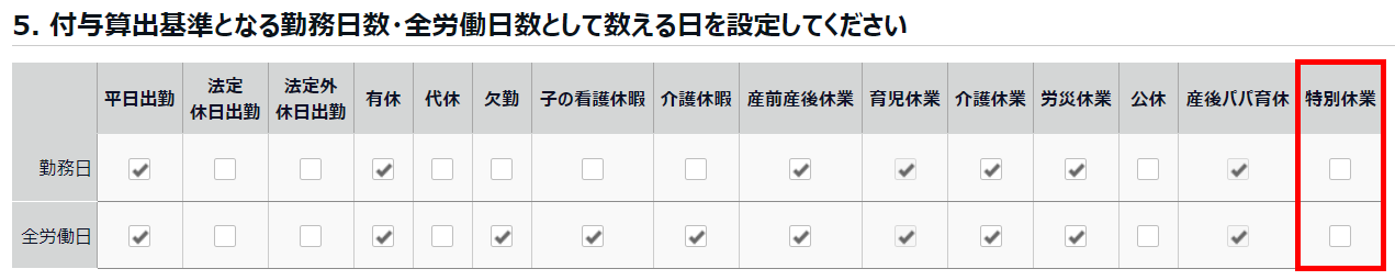 「付与算出基準となる勤務日数・全労働日数として数える日」内の「特別休業」の「勤務日」と「全労働日」が未チェックのスクリーンショット