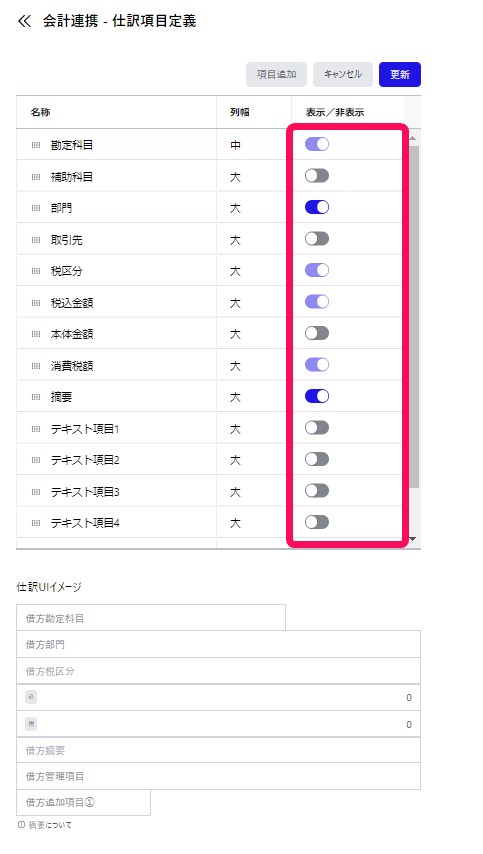 表示／非表示項目を指し示すスクリーンショット