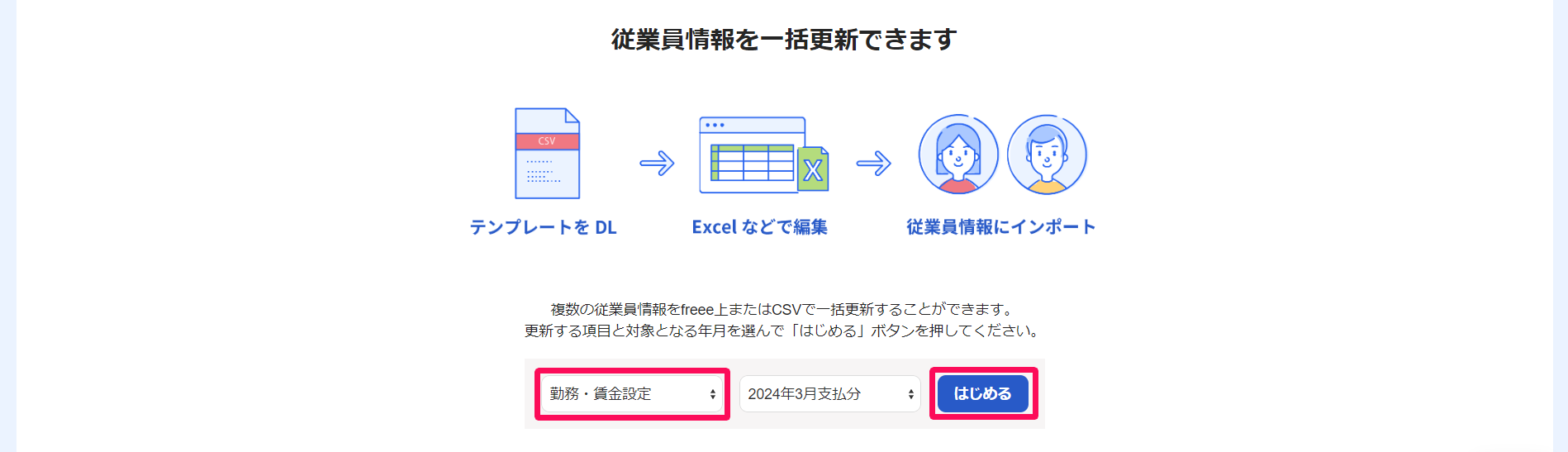 「従業員情報を一括更新できます」画面の「項目を選択」プルダウンと［はじめる］を指し示しているスクリーンショット