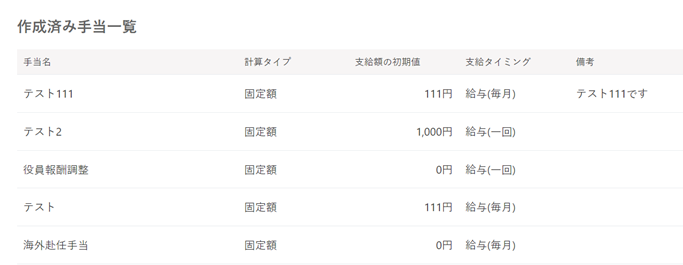 作成済み手当一覧のスクリーンショット
