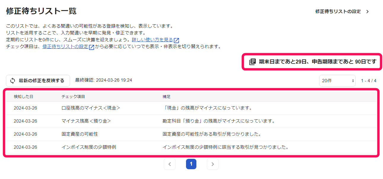 修正待ちリスト一覧画面のスクリーンショット