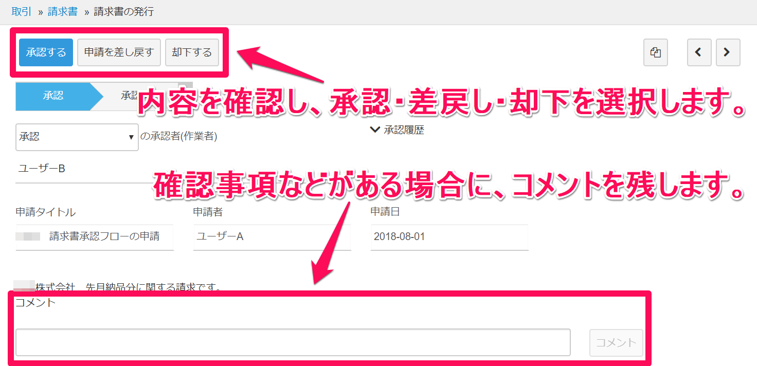 ［承認する］［申請を差し戻す］［却下する］ボタンとコメント欄を指し示しているスクリーンショット