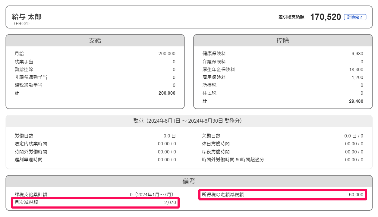 給与明細の「所得税の定額減税額」と「月次減税額」を指し示しているスクリーンショット