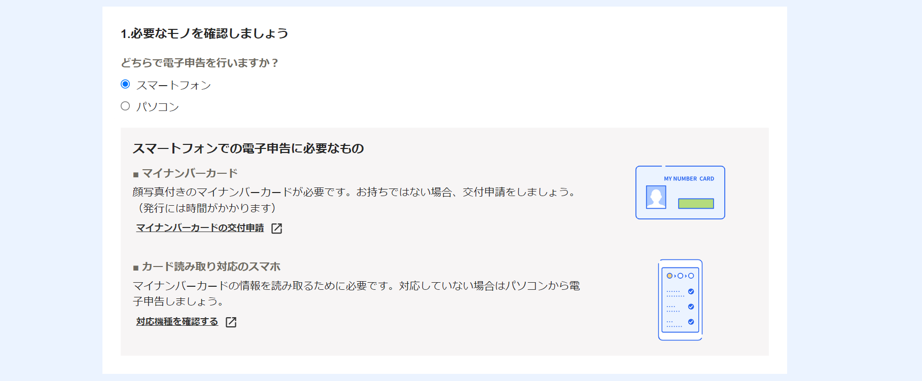 電子申告開始ナビ画面で「1.必要なモノを確認しましょう」部分のスクリーンショット