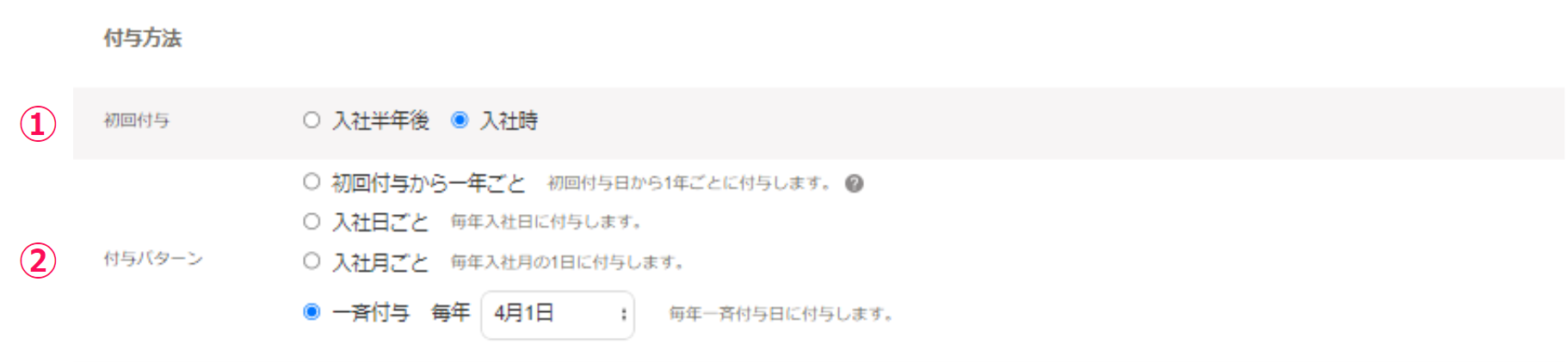 付与方法で初回付与を「入社時」、付与パターンを「一斉付与（毎年4月1日）」を選択しているスクリーンショット